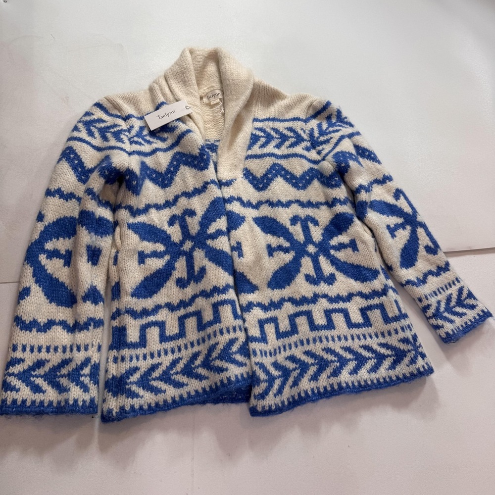 Taelynn‎ Cardigan Sweater Womens Large White Blue Fair Isle Knit Open Collar